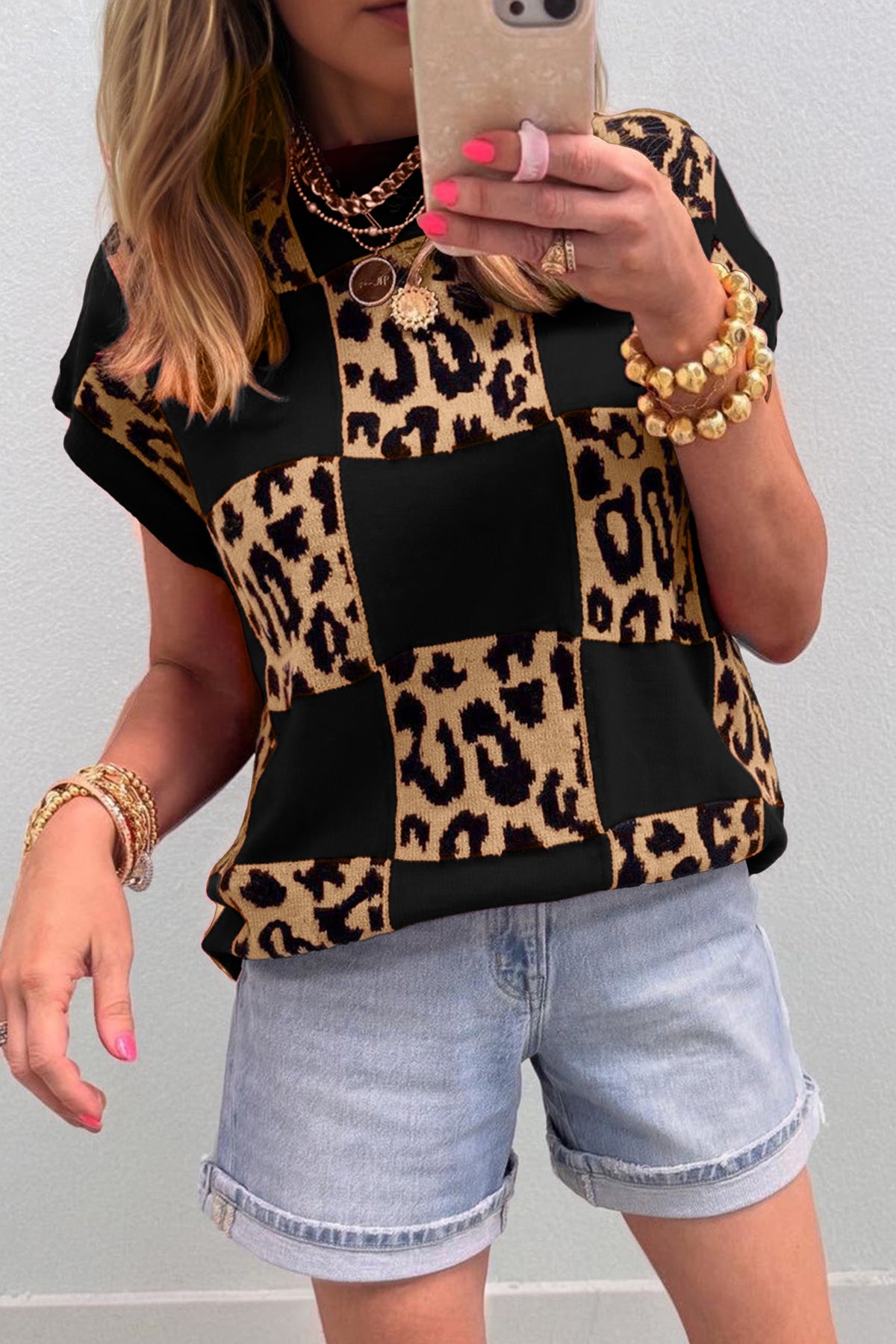 Green Leopard Checkerboard Short Sleeve Knit Sweater
