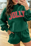 Dark Green Christian Slogan Print Mock Neck Pullover and Shorts Set