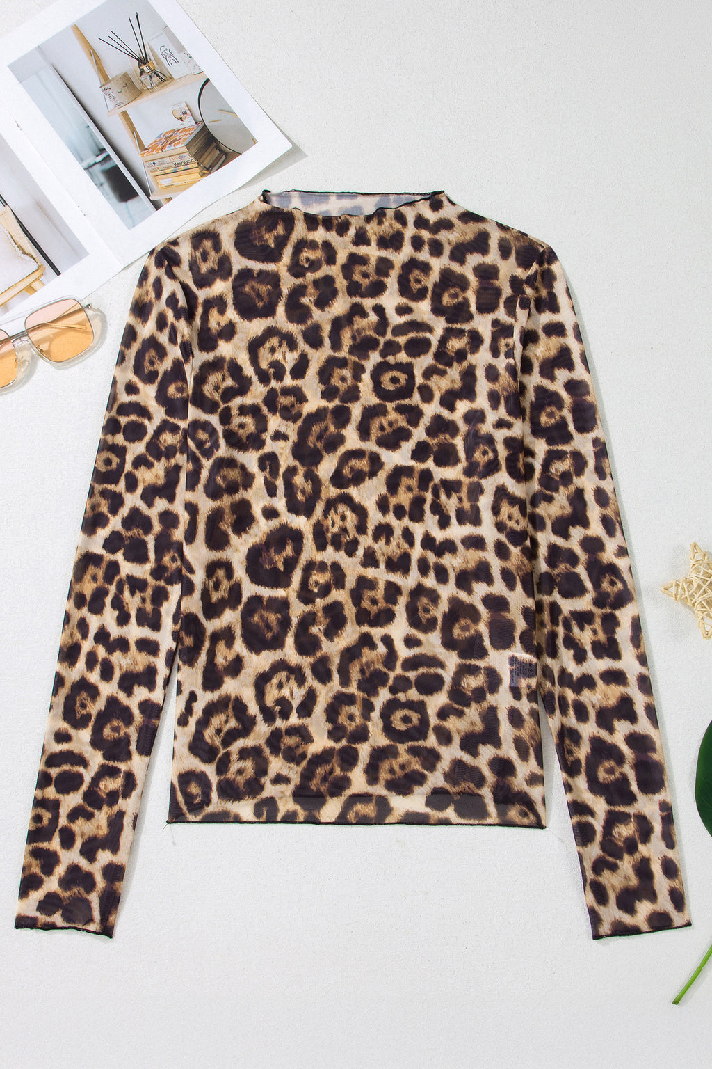 Apricot Floral Print Slim Fit Mesh Long Sleeve Mock Neck Top