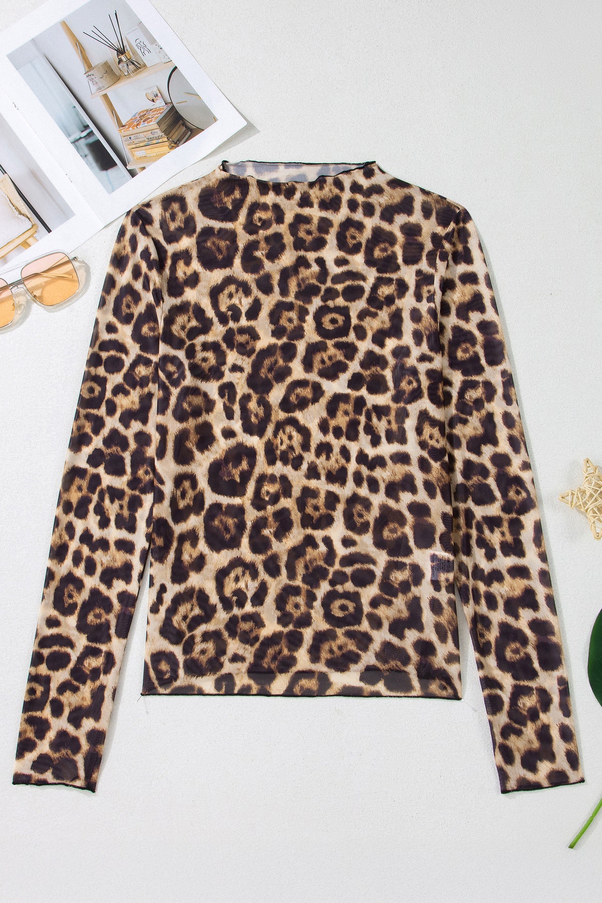 Apricot Floral Print Slim Fit Mesh Long Sleeve Mock Neck Top