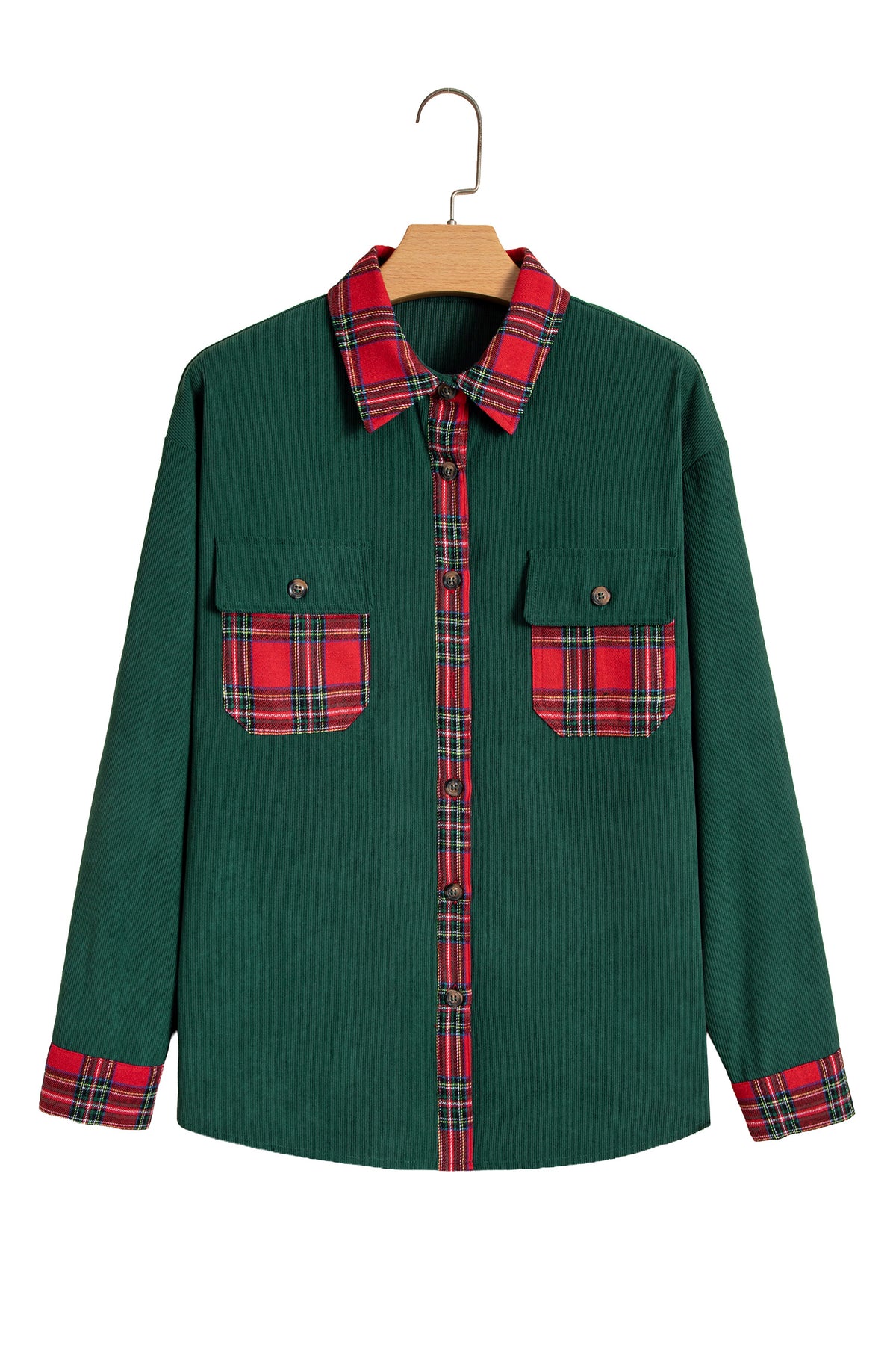 Blackish Green Plaid Pocket Button Long Sleeve Shift Shacket