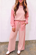 Pink Color Block Plaid Patchwork Long Sleeve Pullover Wide Leg Pant Set