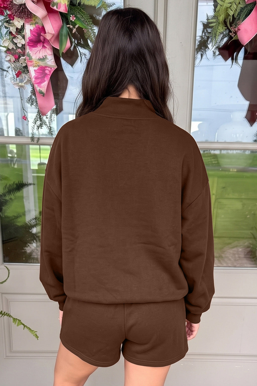 Dark Green Christian Slogan Print Mock Neck Pullover and Shorts Set