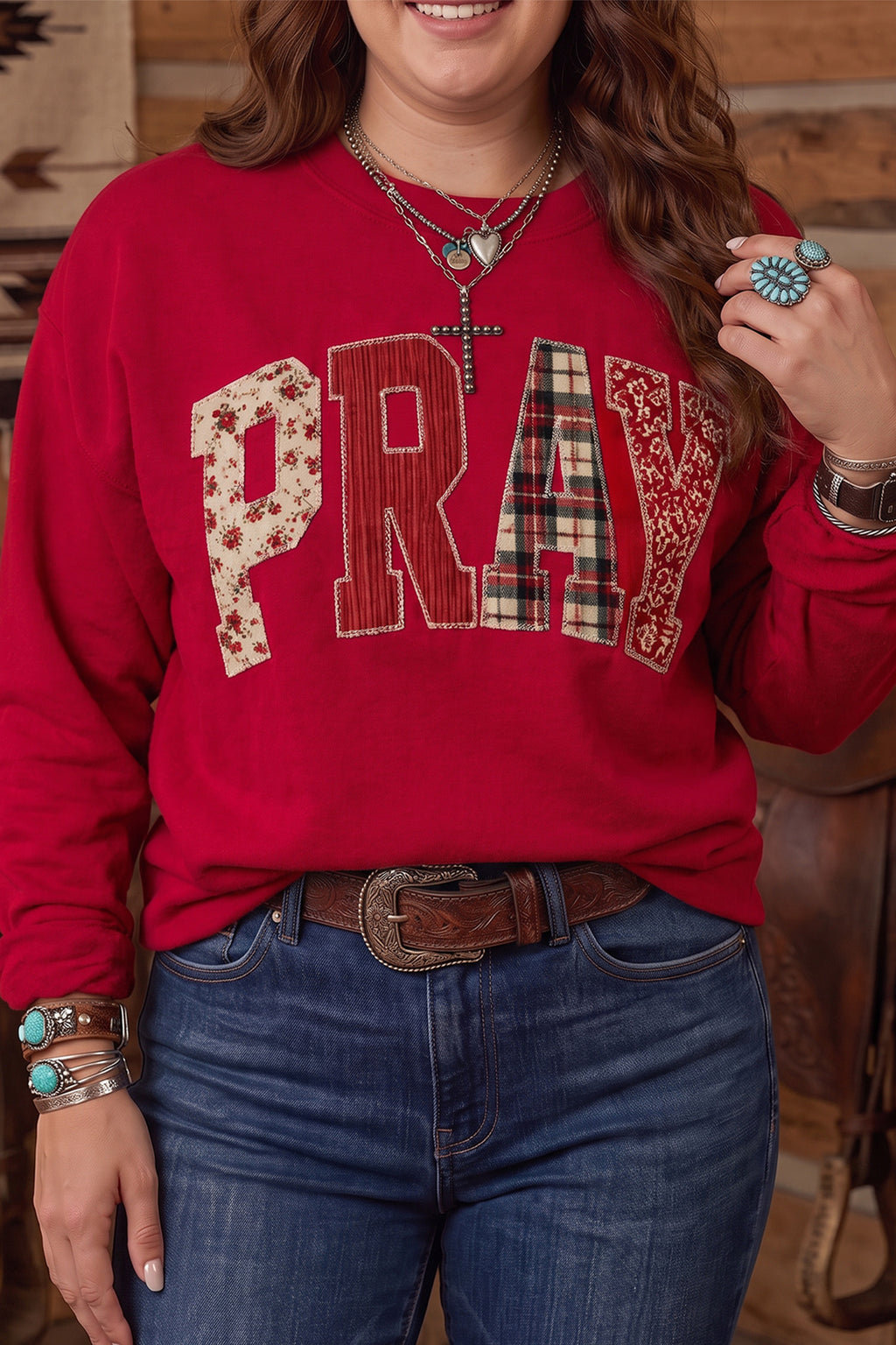 Parchment PRAY Letter Patchwork Round Neck Long Sleeve Plus Size Sweatshirt
