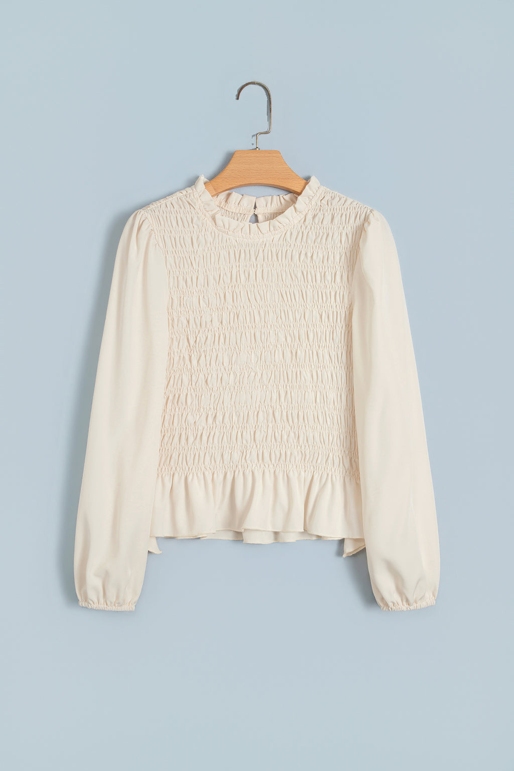 Jet Stream Solid Color Smocked Ruffle Hem Long Sleeve Blouse