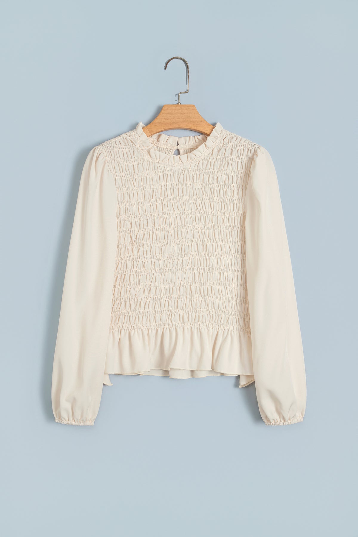 Jet Stream Solid Color Smocked Ruffle Hem Long Sleeve Blouse