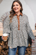 Khaki Plus Size Buttoned Contrast Trim Puff Sleeve Leopard Print Blouse
