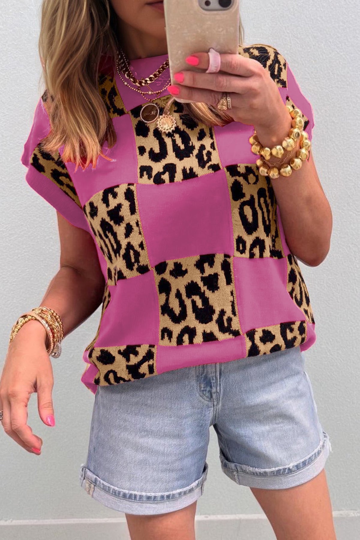 Green Leopard Checkerboard Short Sleeve Knit Sweater