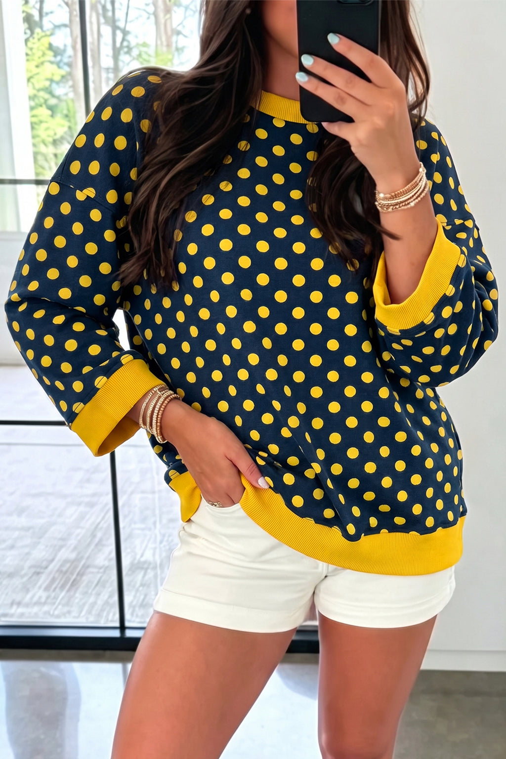 Blue Polka Dot Print Contrast Trim Round Neck Bracelet Sleeve Top