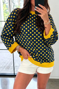 Blue Polka Dot Print Contrast Trim Round Neck Bracelet Sleeve Top