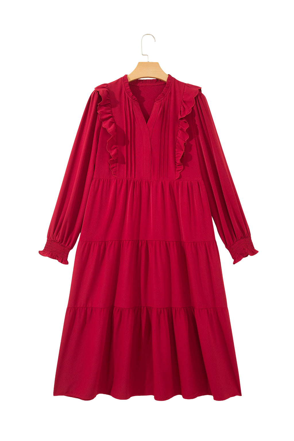 Racing Red Solid Color Ruffle Trim Long Sleeve Tiered Shift Midi Dress