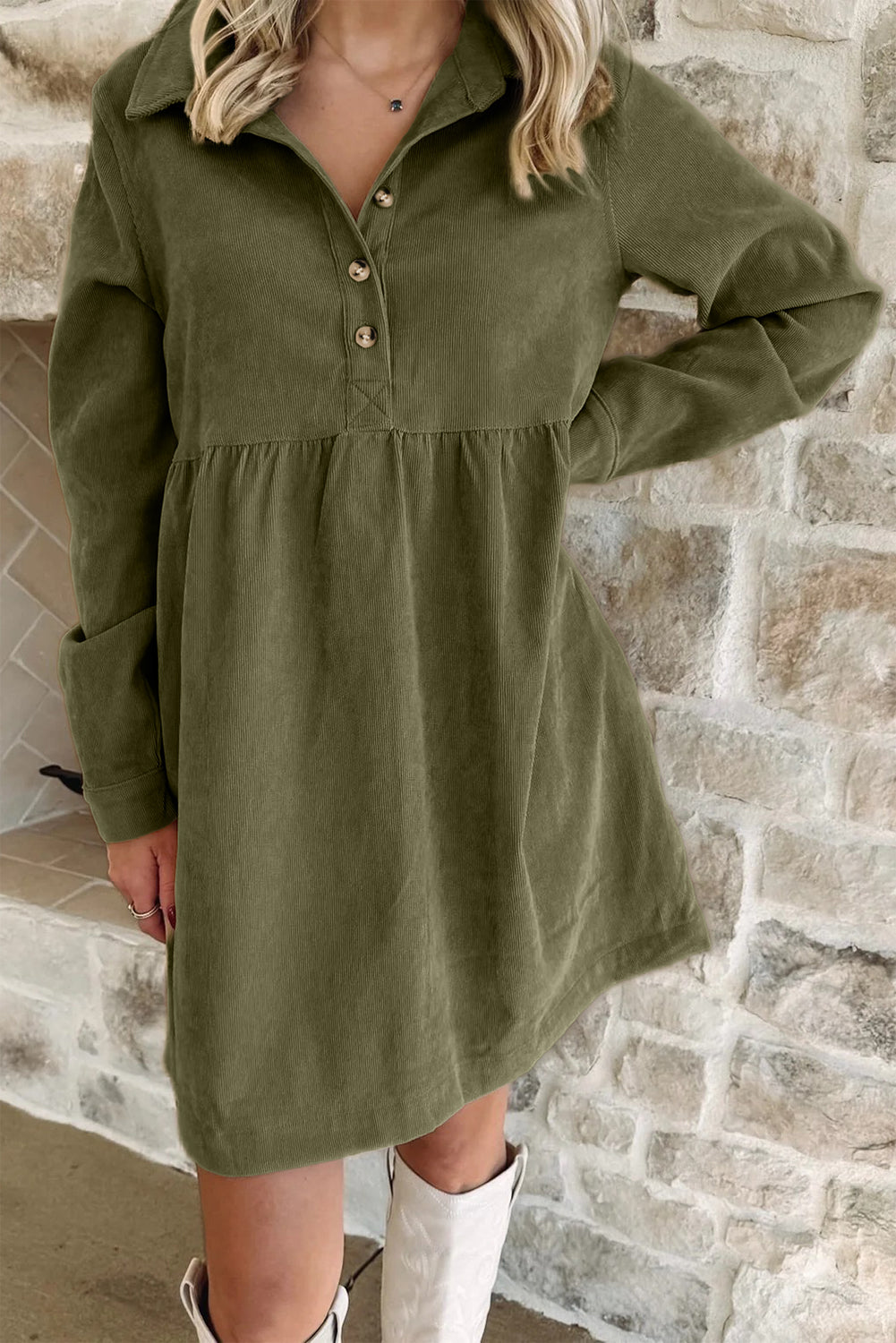 Dearlovers Oatmeal Corduroy Half Button Collared Long Sleeve Mini Dress