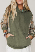 Moss Green Plaid Sleeve Drawstring Pocket Hooded Sweatshirt