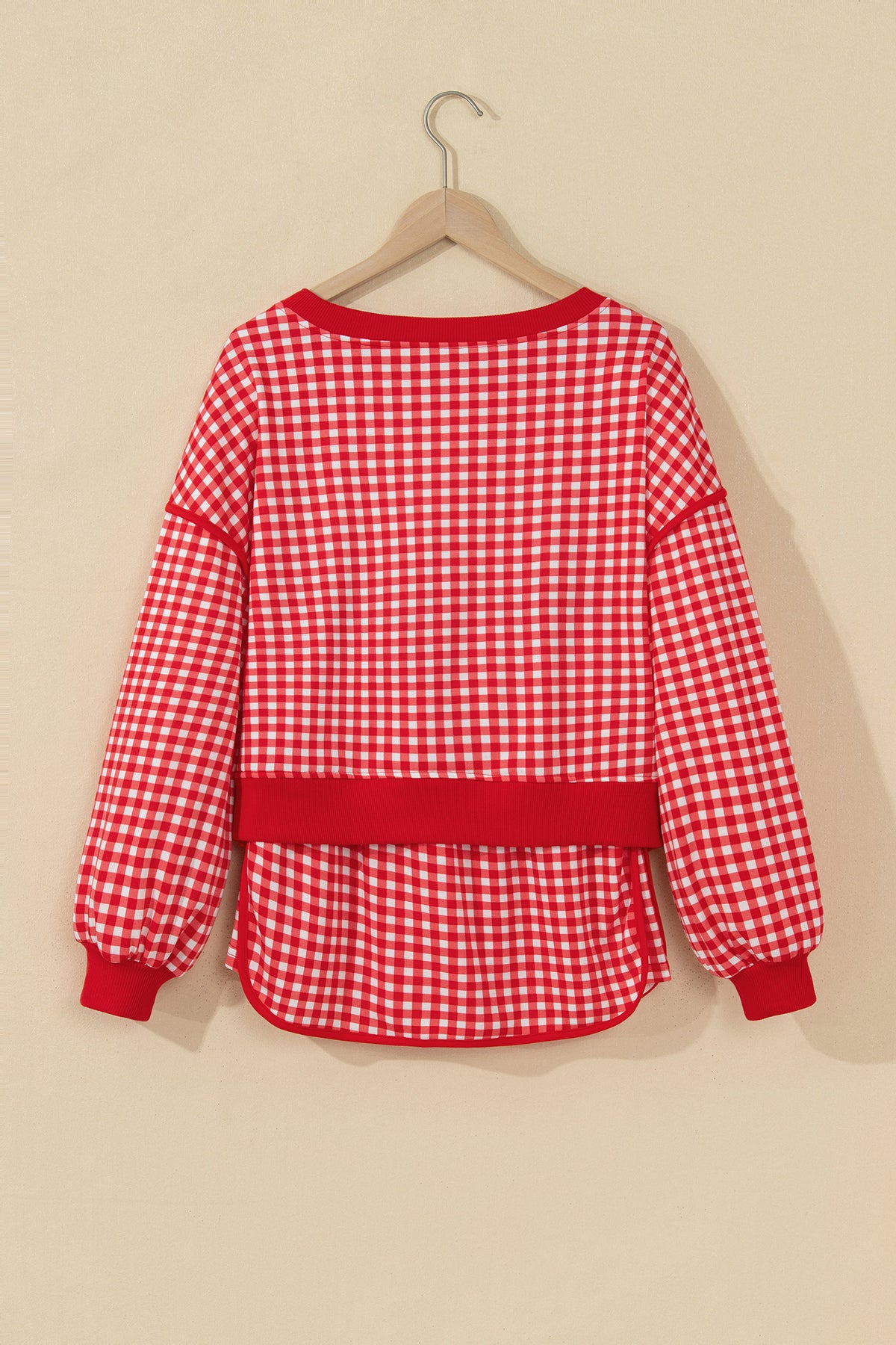 Green Gingham Oversized Ribbed Trim Crew Neck Long Sleeve Top and Skort Set
