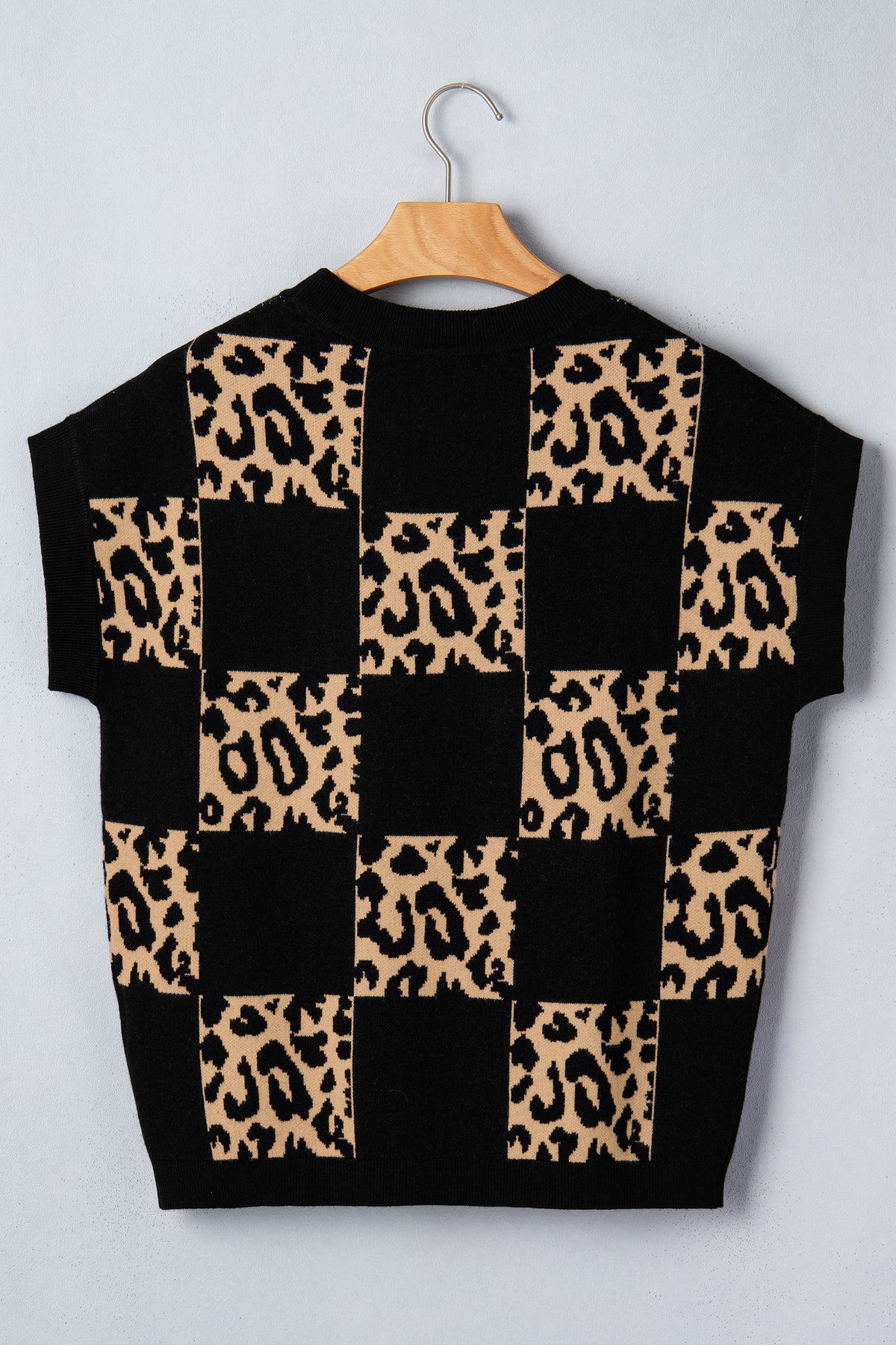 Green Leopard Checkerboard Short Sleeve Knit Sweater