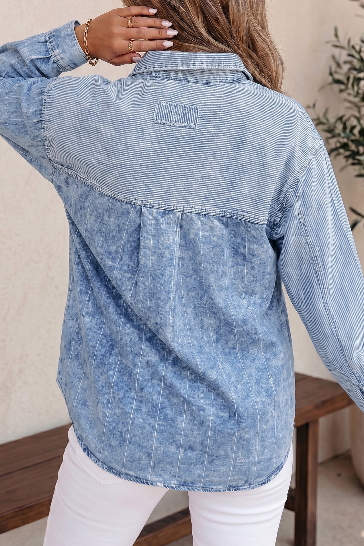 Sky Blue Stripe Vintage Washed Denim Color Block Long Sleeve Shirt