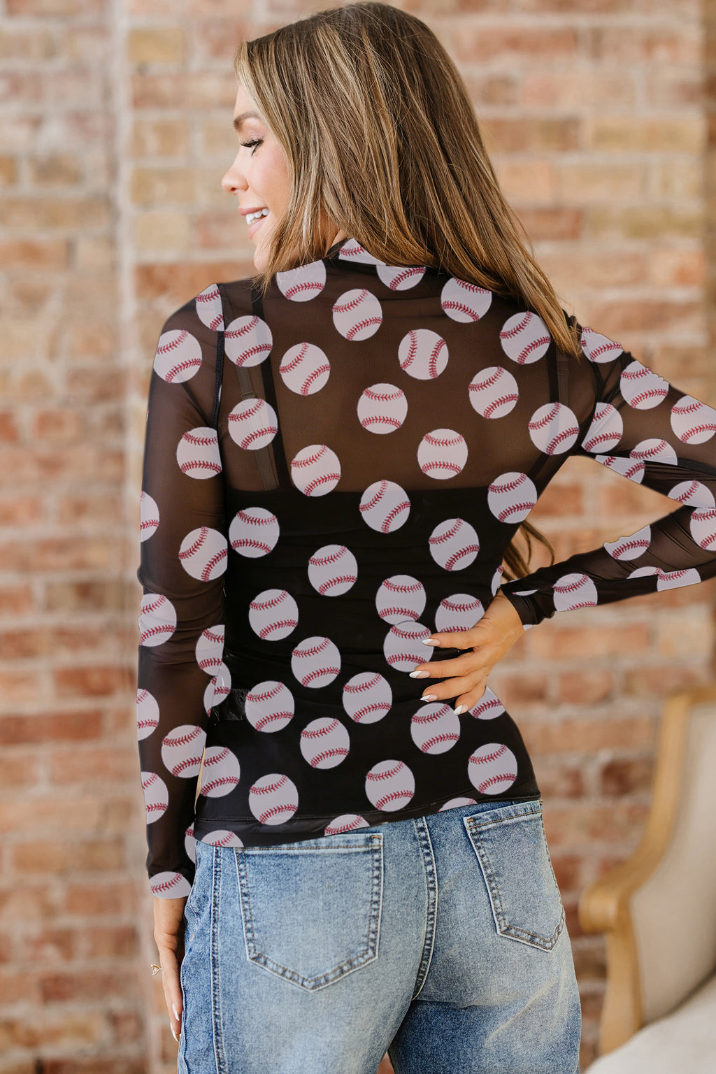 Red Rugby Game Day Sheer Mesh Long Sleeve Top
