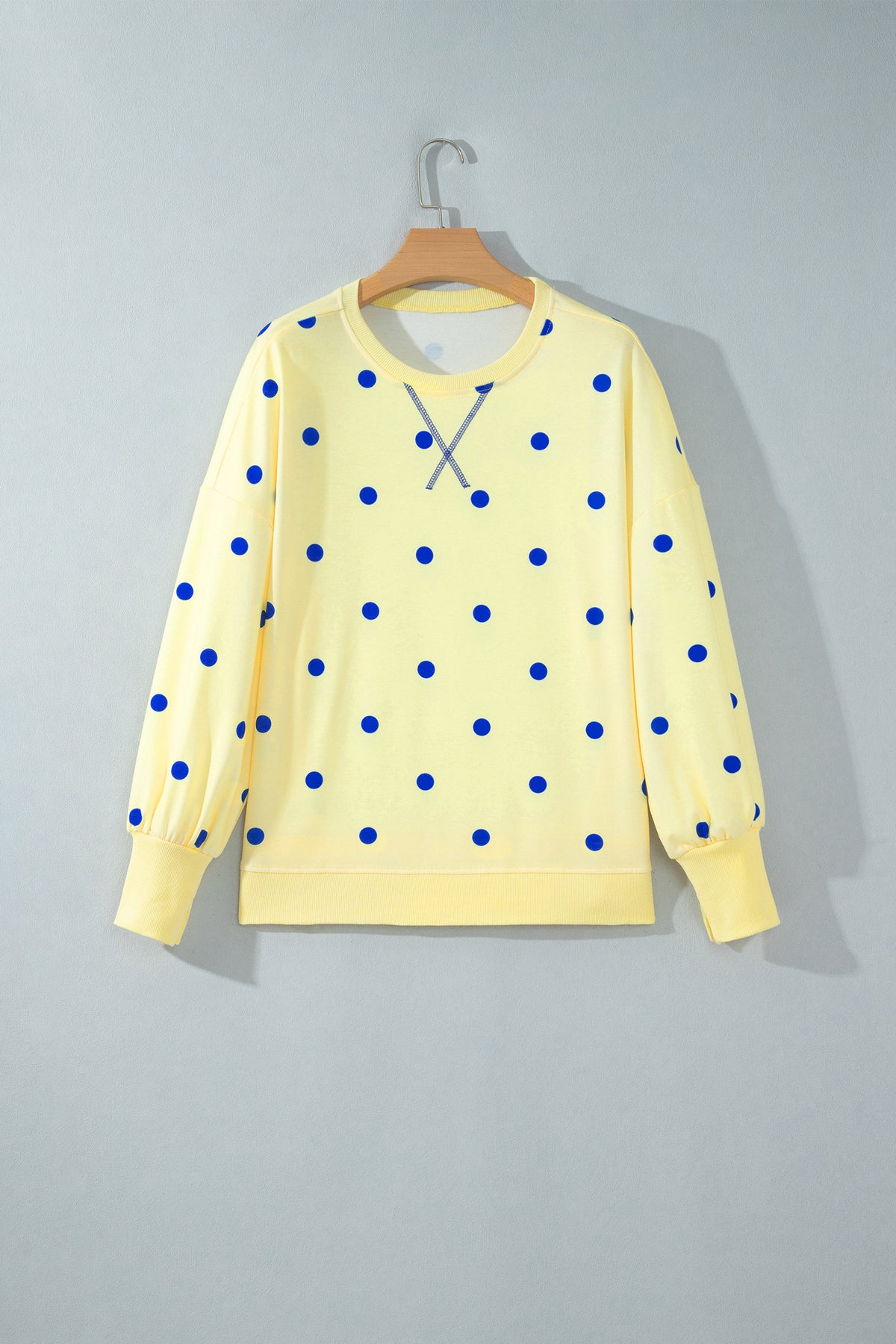 Beige Polka Dot Loose Long Sleeve Split Hem Pullover Top