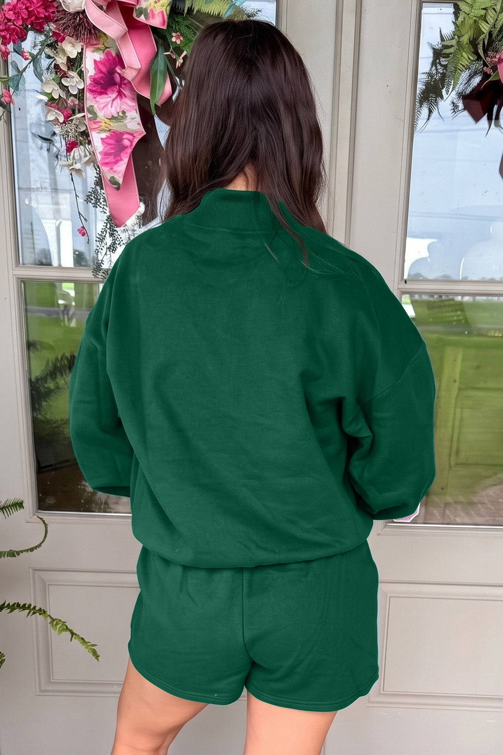 Dark Green Christian Slogan Print Mock Neck Pullover and Shorts Set