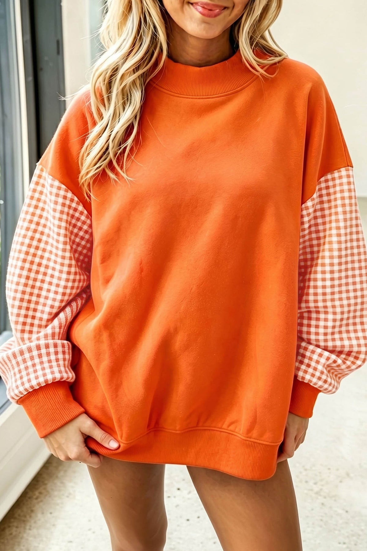 Navy Blue Plaid Sleeve Colorblock Loose Tunic Sweatshirt