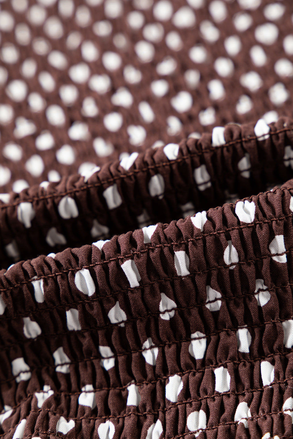 Brown Polka Dot Ruffled High Neck Shirred Ruffle Hem Blouse