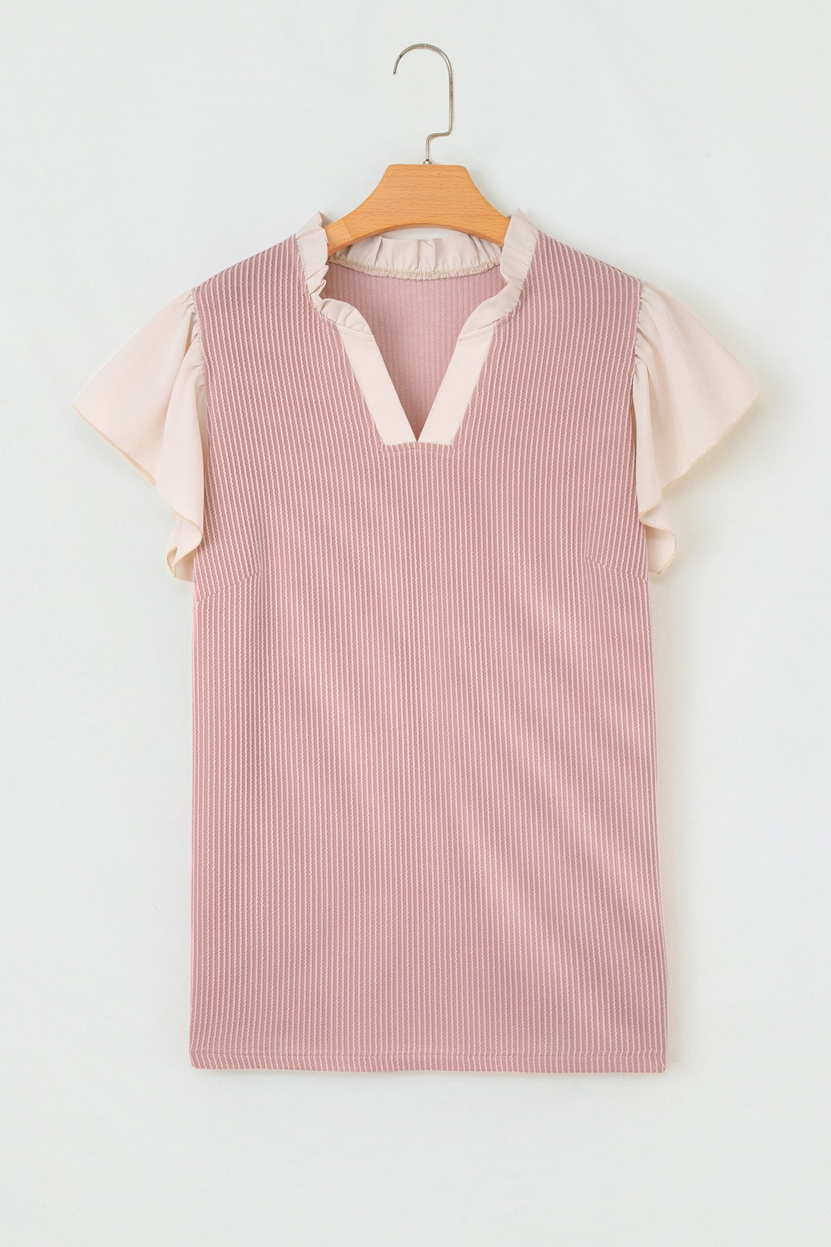 Rose Pink Plus Size Contrast Frilled Neckline Ruffled Short Sleeve Ribbed Textured Blouse