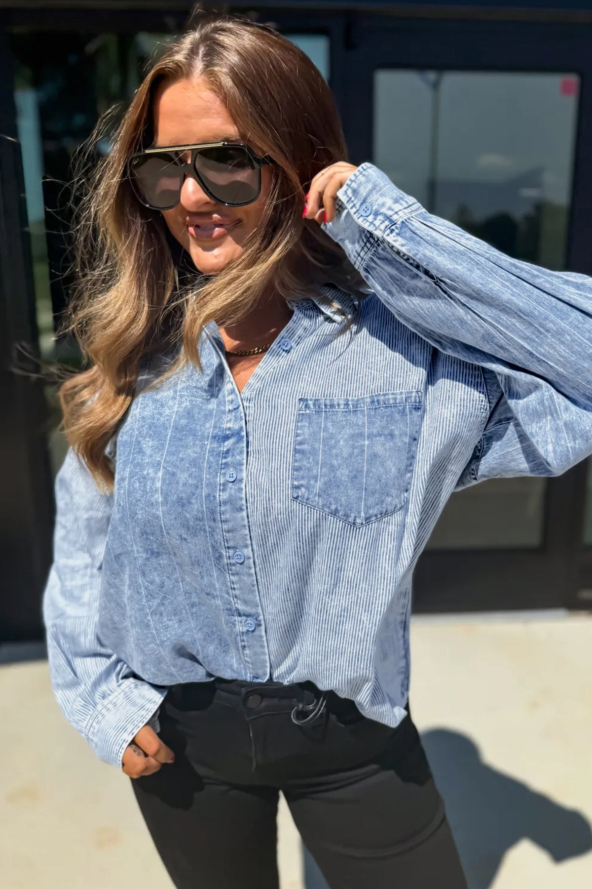 Sky Blue Stripe Vintage Washed Denim Color Block Long Sleeve Shirt
