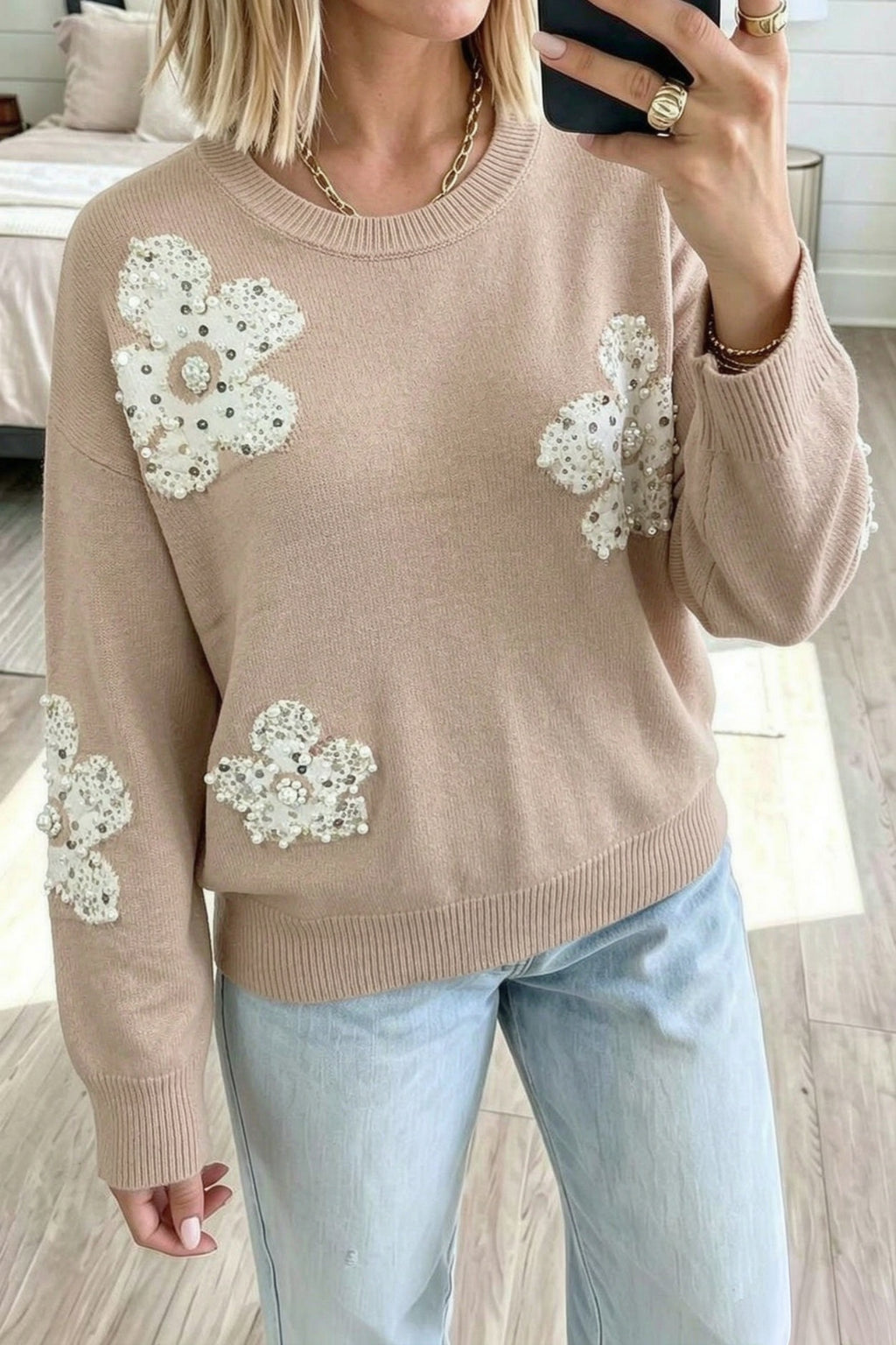 Smoke Gray Beaded Floral Patchwork Ribbed Trim Round Neck Sweater