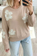Smoke Gray Beaded Floral Patchwork Ribbed Trim Round Neck Sweater