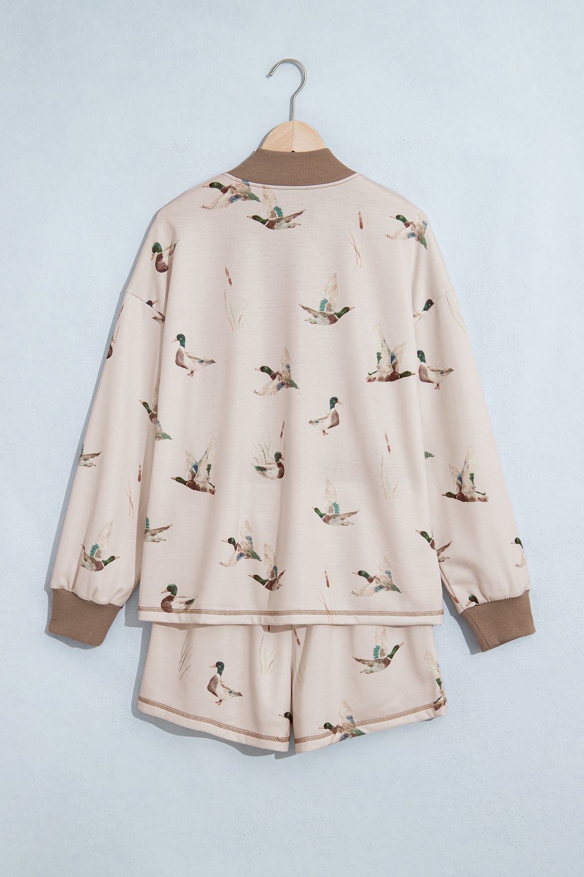 Khaki Mallard Print Color Block Patchwork Zip Pullover and Shorts Set