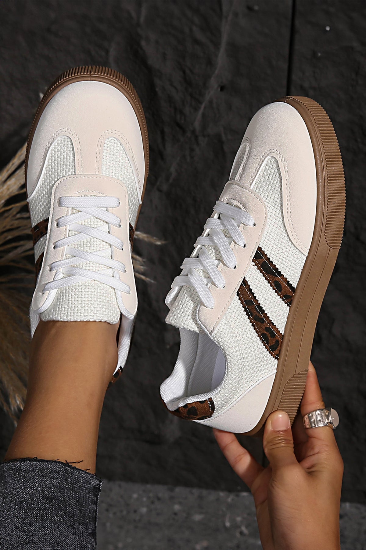 Coffee Textured Woven PU Leather Leopard Patchwork Flat Sneakers