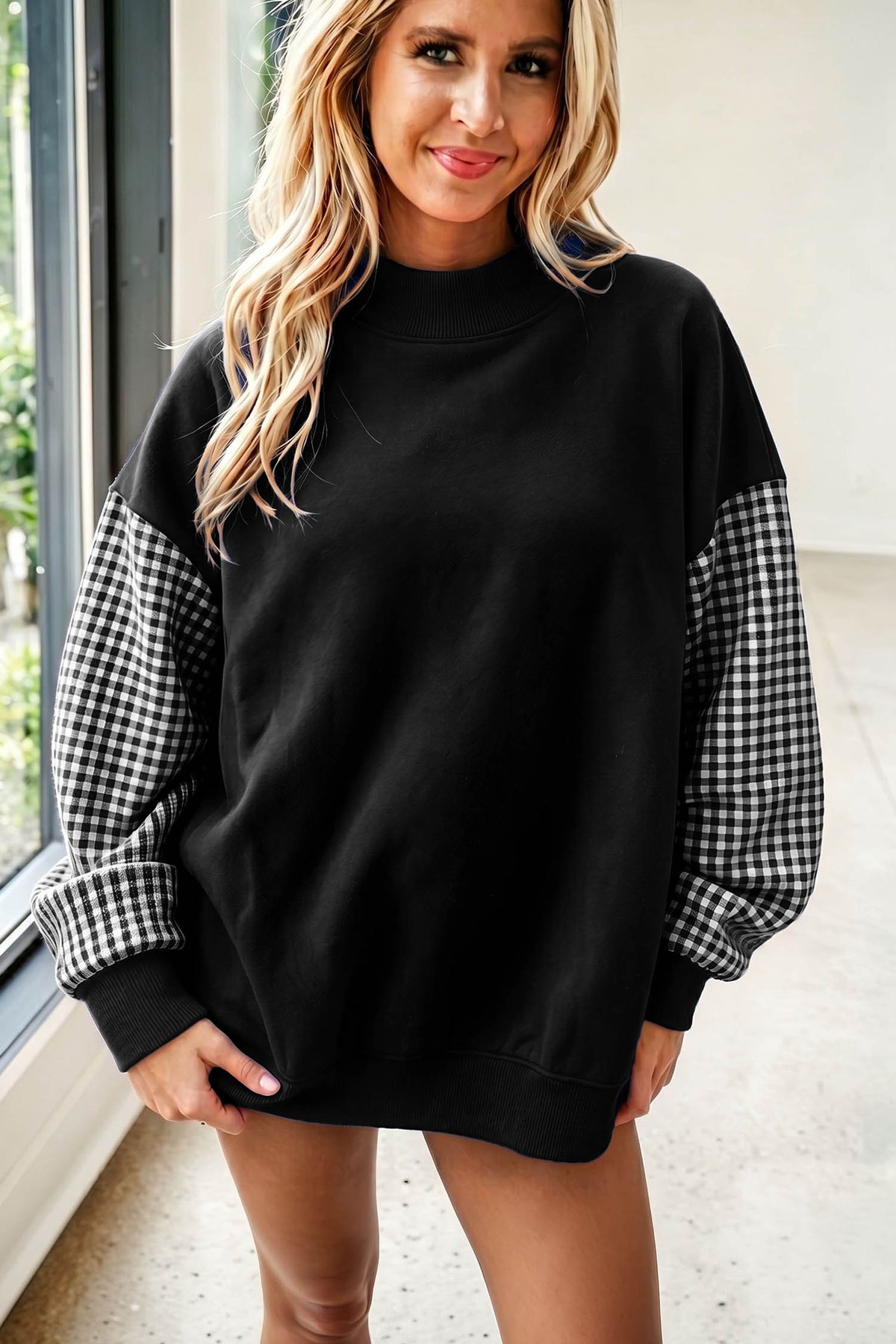 Navy Blue Plaid Sleeve Colorblock Loose Tunic Sweatshirt
