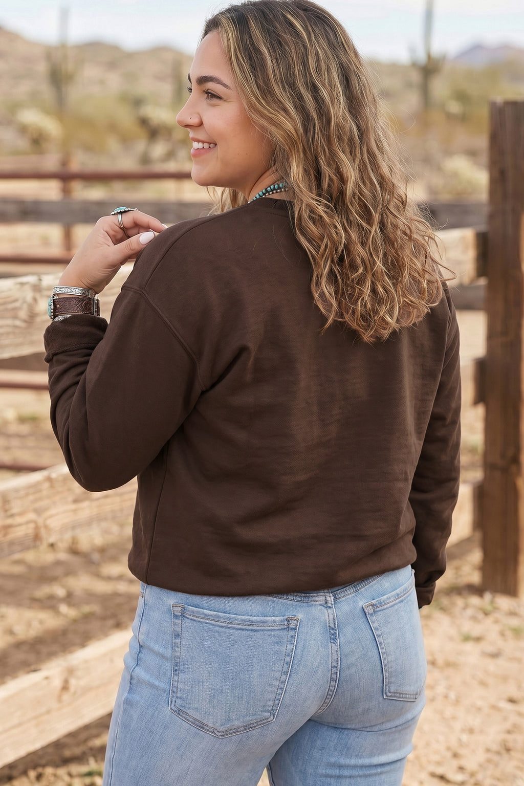 Parchment PRAY Letter Patchwork Round Neck Long Sleeve Plus Size Sweatshirt