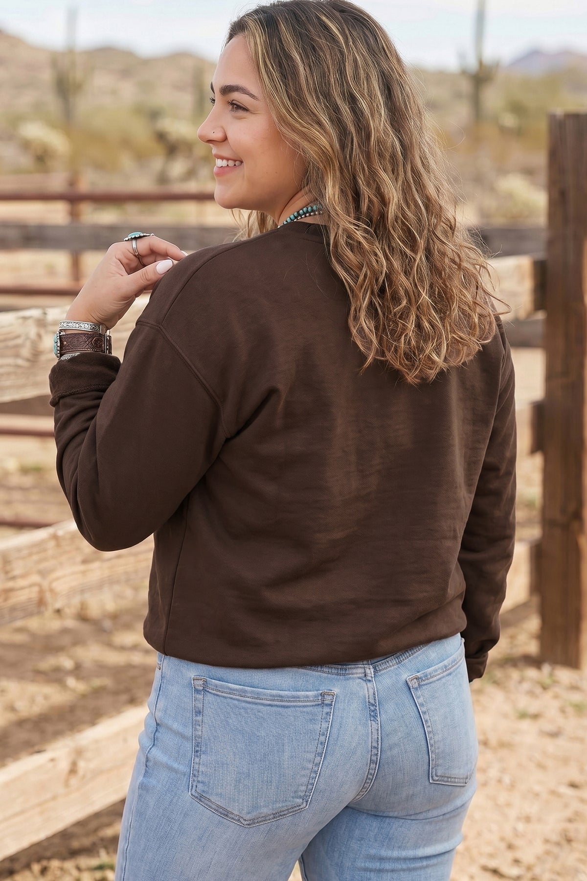 Parchment PRAY Letter Patchwork Round Neck Long Sleeve Plus Size Sweatshirt