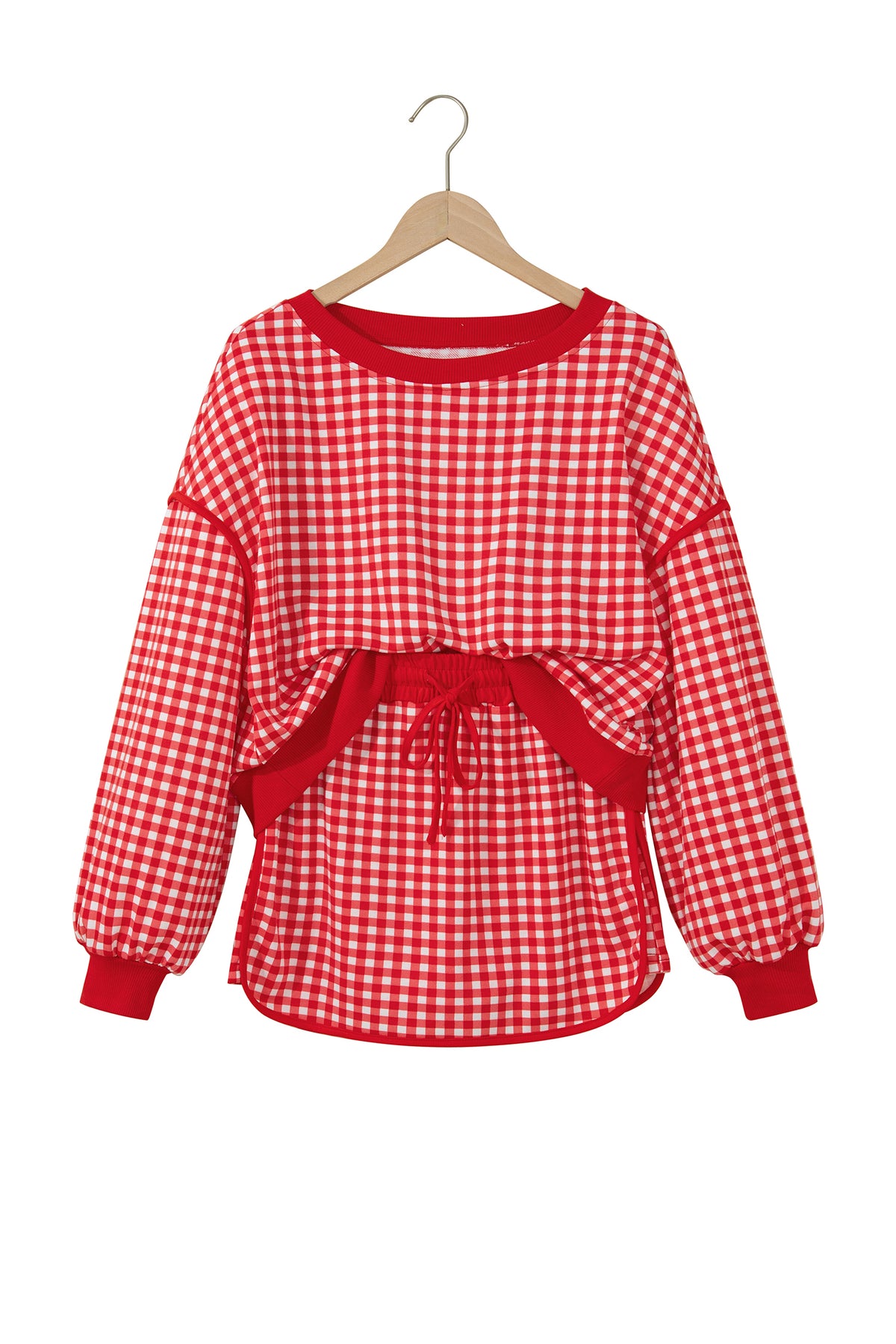 Green Gingham Oversized Ribbed Trim Crew Neck Long Sleeve Top and Skort Set