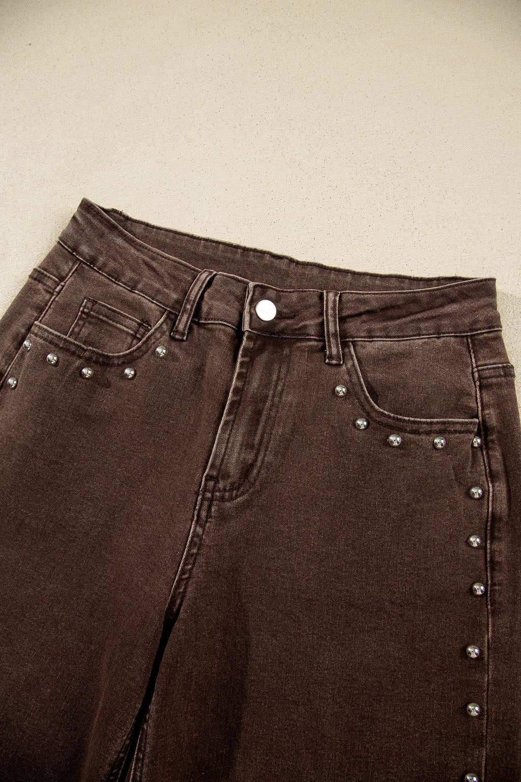 Coffee Studded Detail Straight Leg Casual Loose Jeans