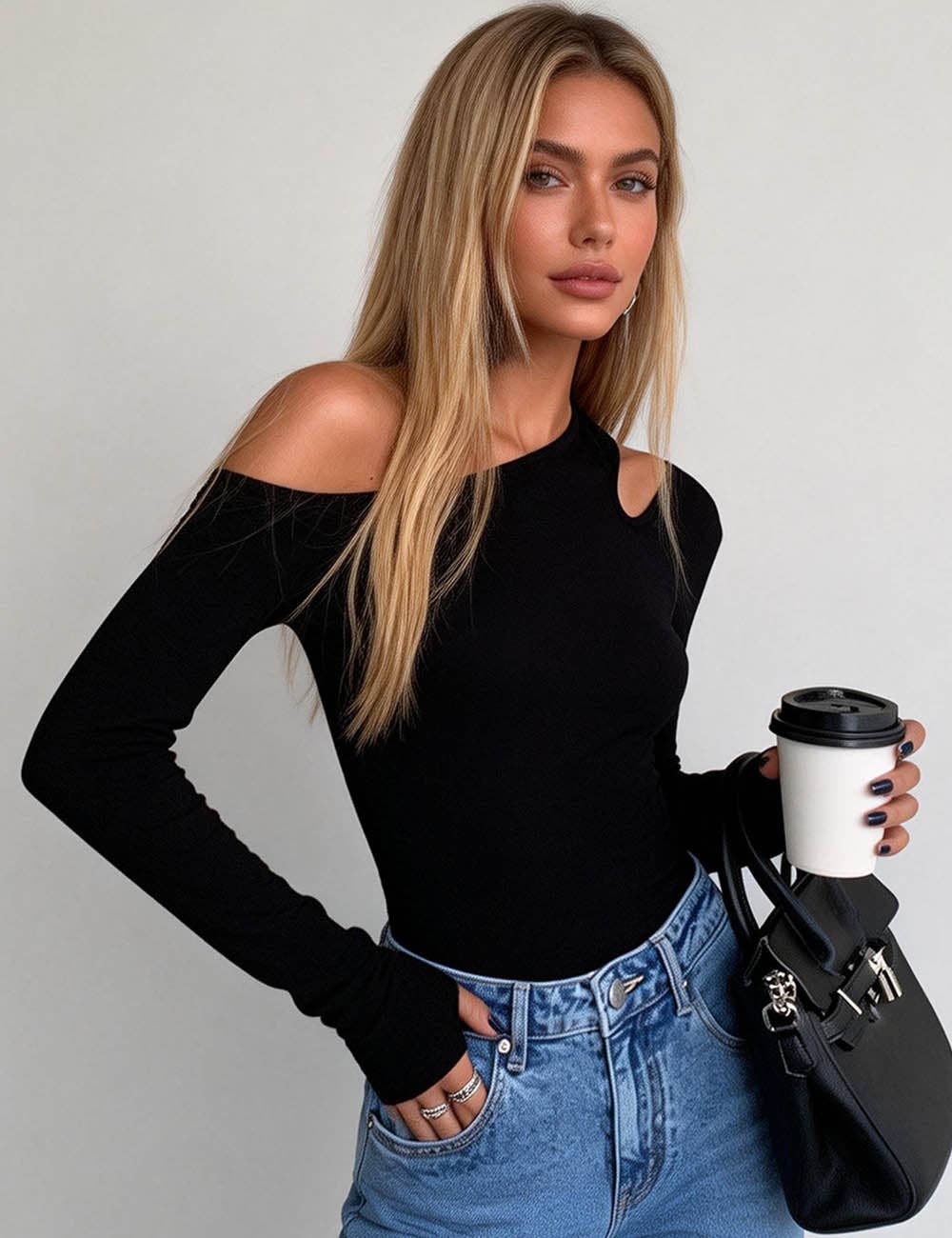 Ladies Solid Color Cutout One-Shoulder Long Sleeves Top