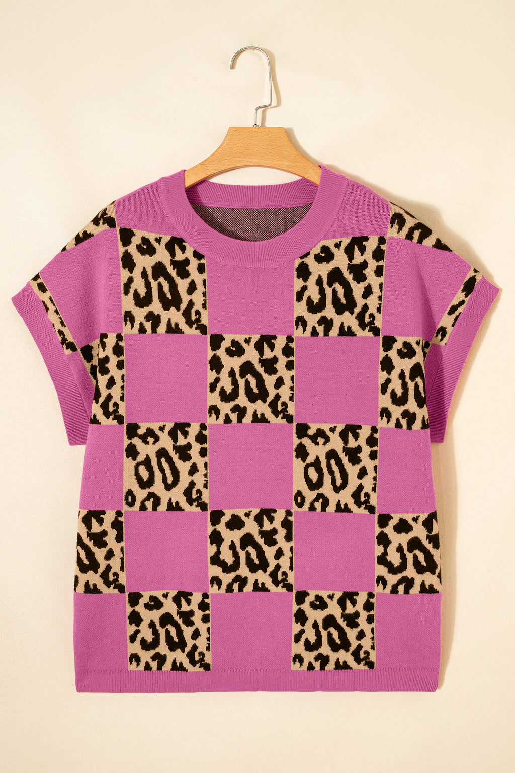 Green Leopard Checkerboard Short Sleeve Knit Sweater