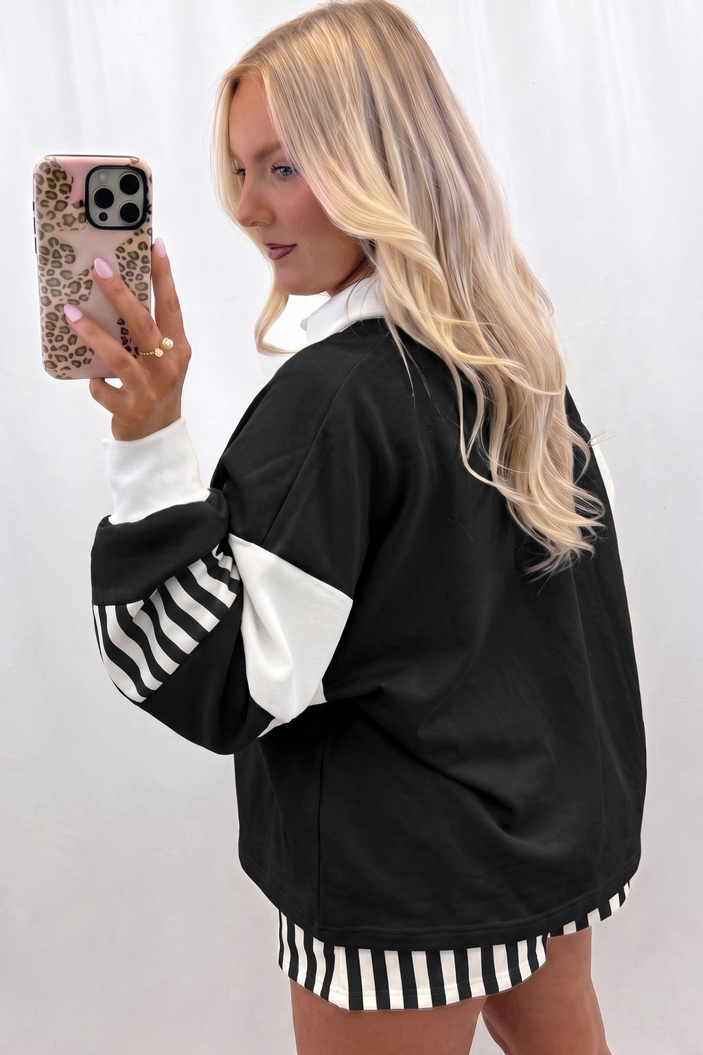 Smoke Gray Striped Color Block Pullover Top Drawstring Shorts Set
