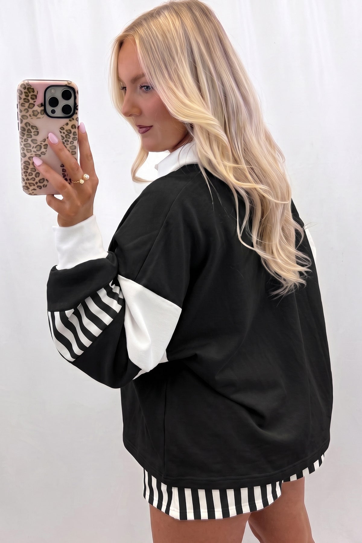 Smoke Gray Striped Color Block Pullover Top Drawstring Shorts Set