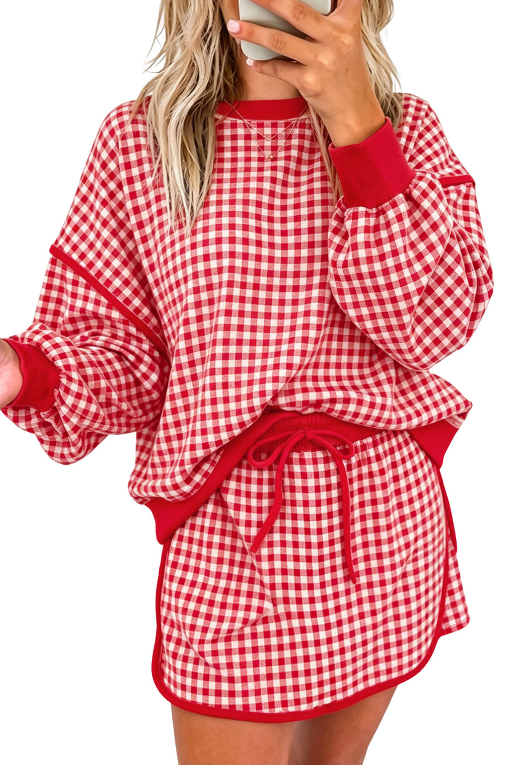 Green Gingham Oversized Ribbed Trim Crew Neck Long Sleeve Top and Skort Set