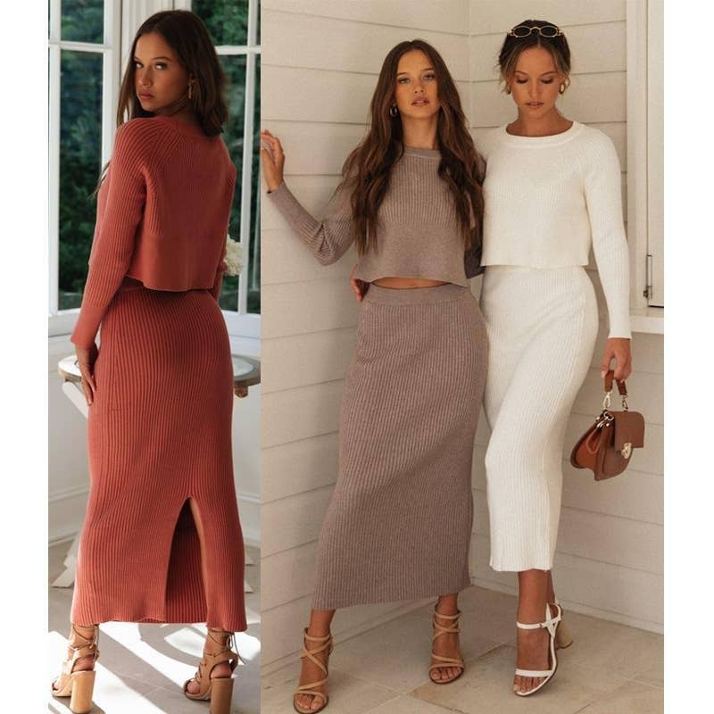Solid Color Top & Skirt 2PCS Kintted Set Sweater Set HL7300