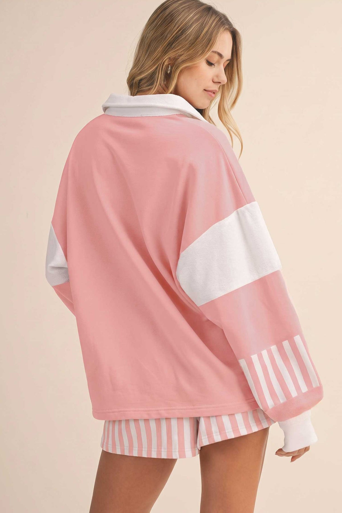 Smoke Gray Striped Color Block Pullover Top Drawstring Shorts Set