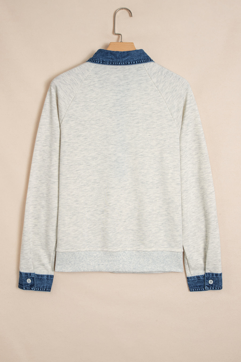 Gray Denim Collar Patchwork Long Sleeve Pullover Top
