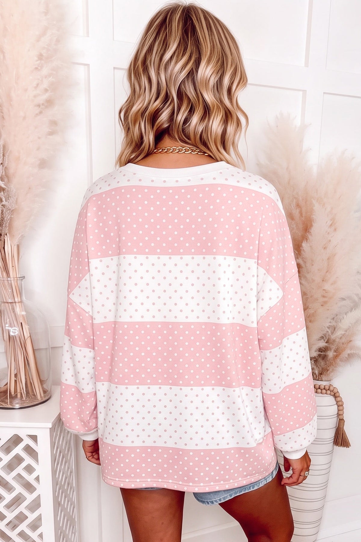 Pink Polka Dot Patchwork Colorblock Long Sleeve Top