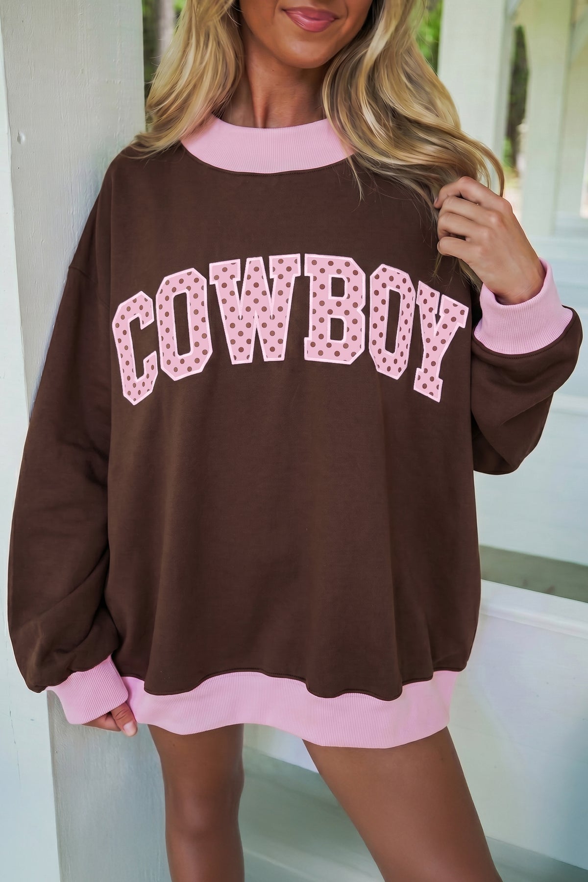Coffee Polka Dot Letter Graphic Colorblock Tunic Sweatshirt