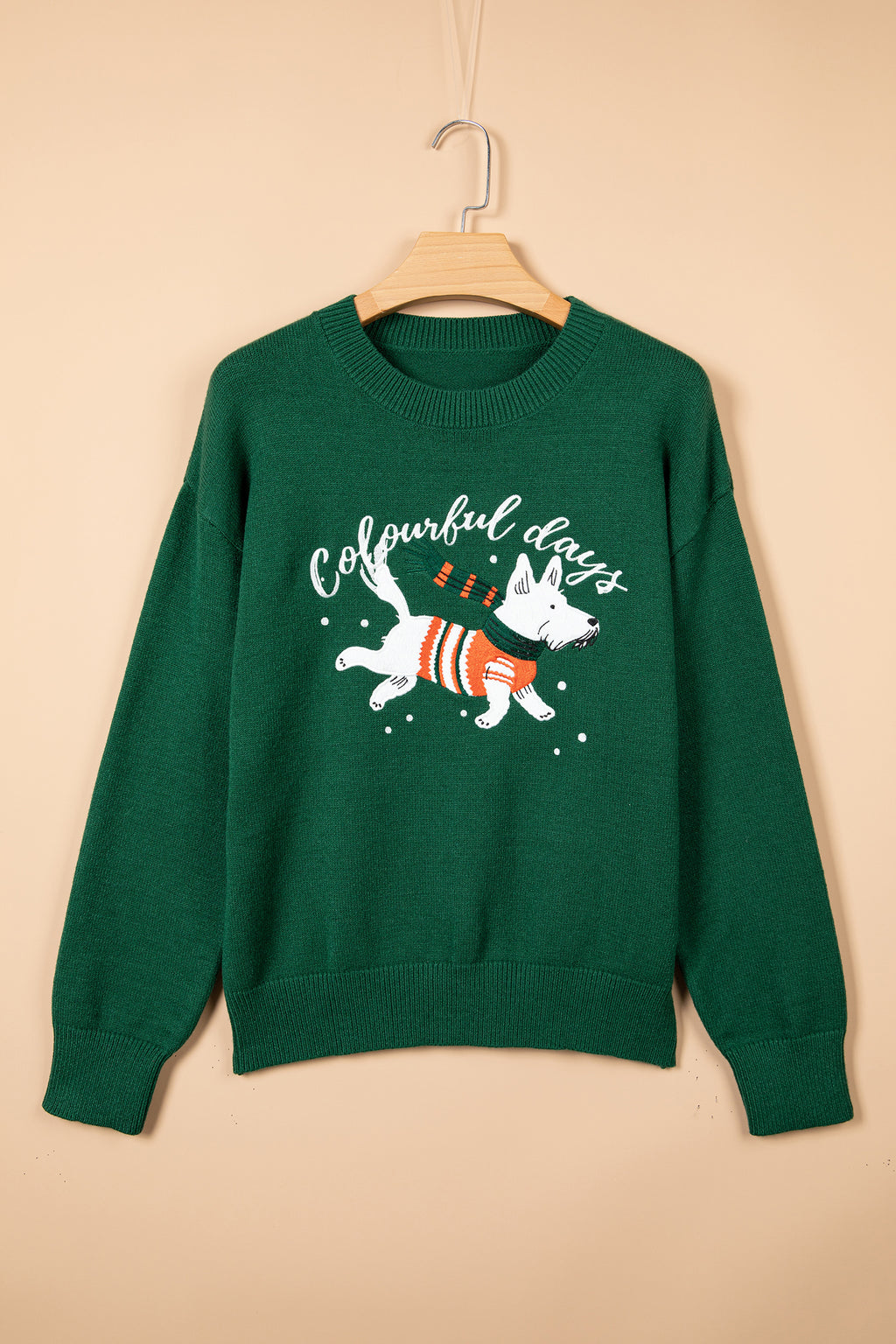 Blackish Green Abstract Dog Embroidery Christmas Fashion Round Neck Sweater