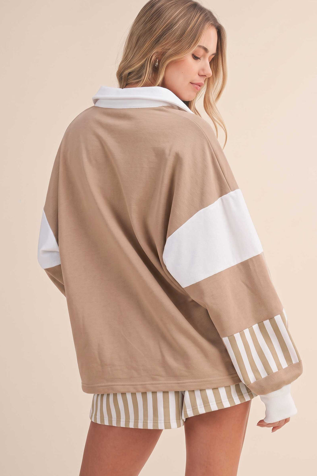 Smoke Gray Striped Color Block Pullover Top Drawstring Shorts Set