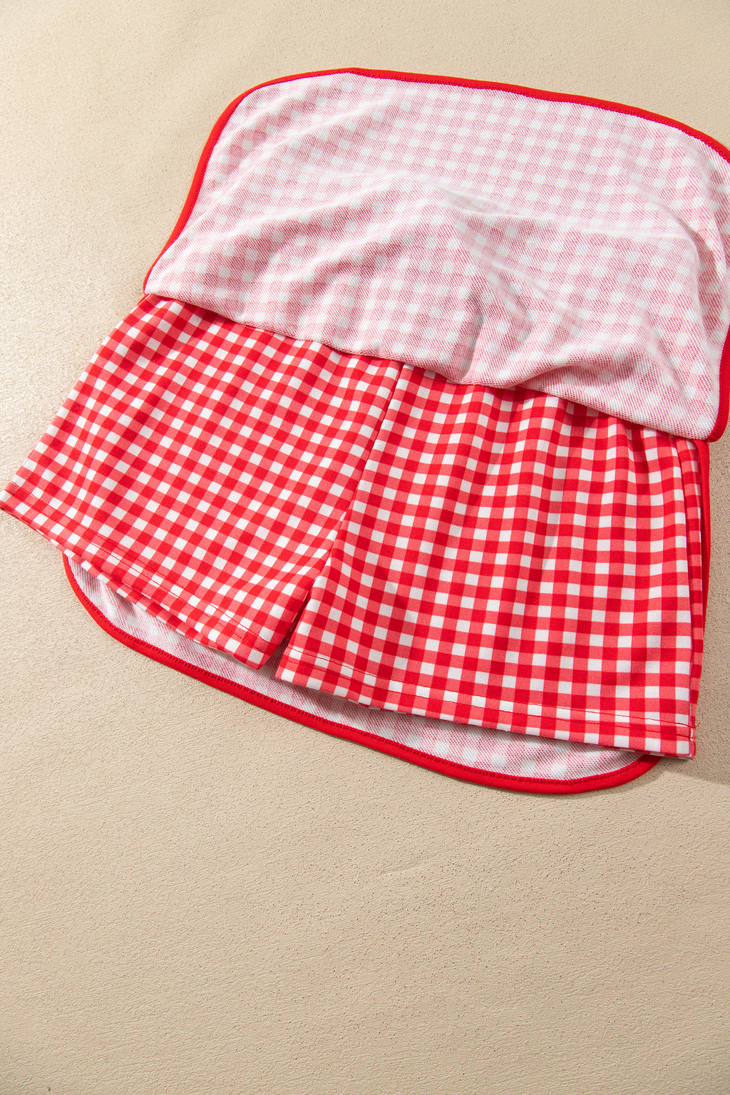 Green Gingham Oversized Ribbed Trim Crew Neck Long Sleeve Top and Skort Set