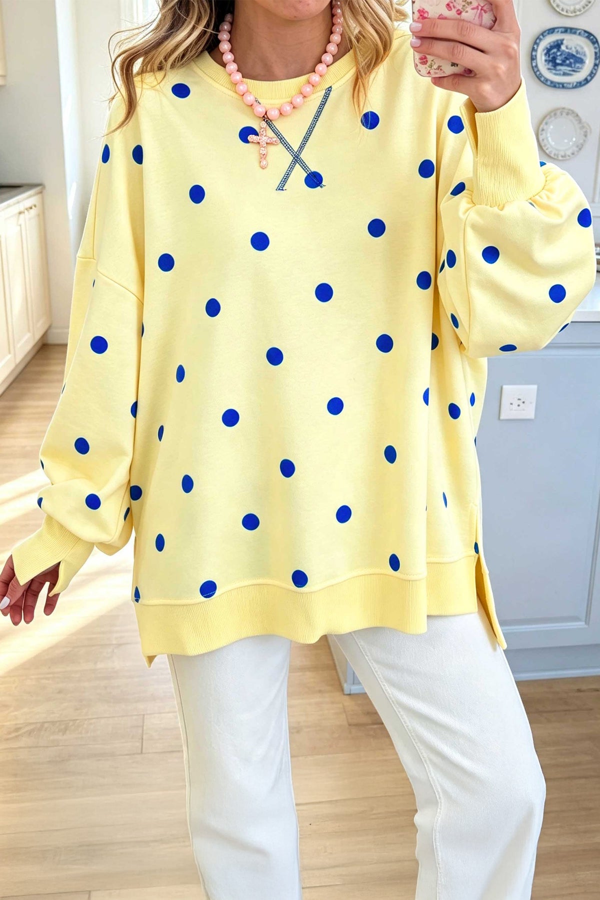 Beige Polka Dot Loose Long Sleeve Split Hem Pullover Top